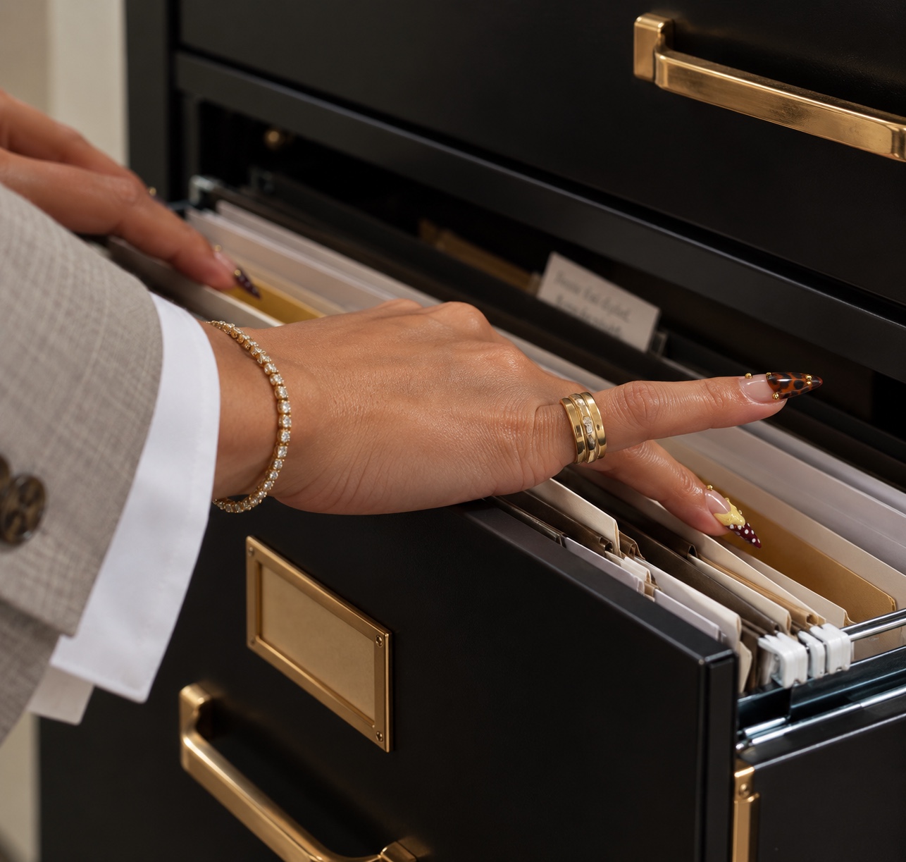 Jenica sorting through client files in a black and brass filing cabinet
