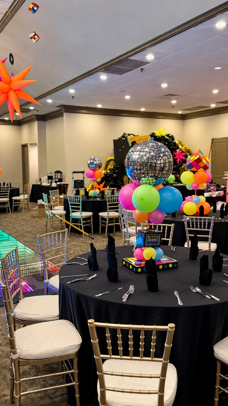 Balloon and disco-ball centerpiece at Henryk’s 40th surprise party