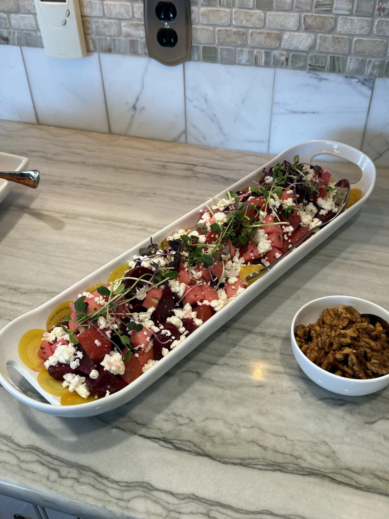 A colorful beet course prepared for service