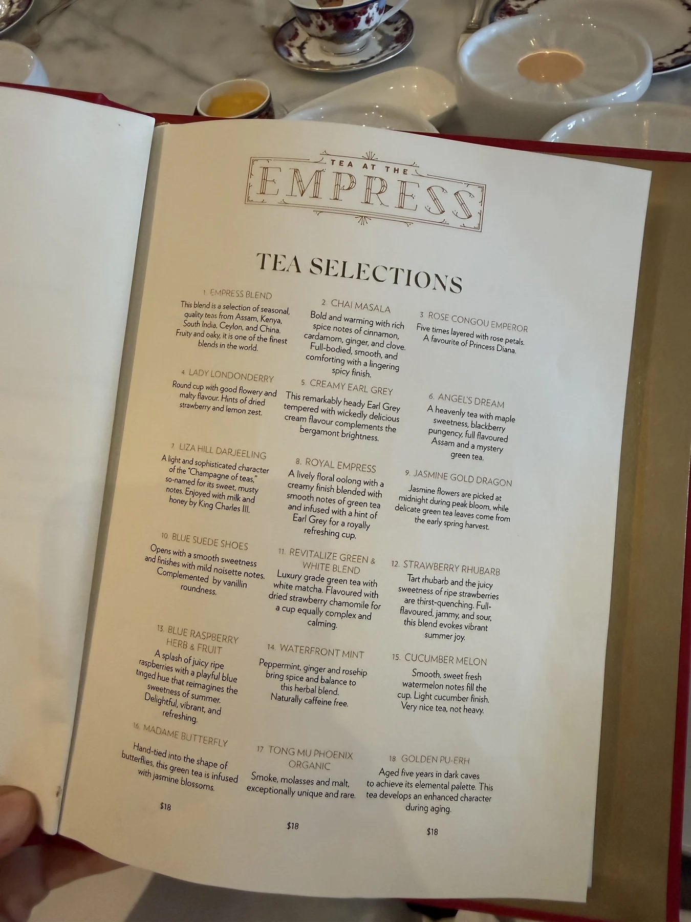 The afternoon tea menu at the Empress
