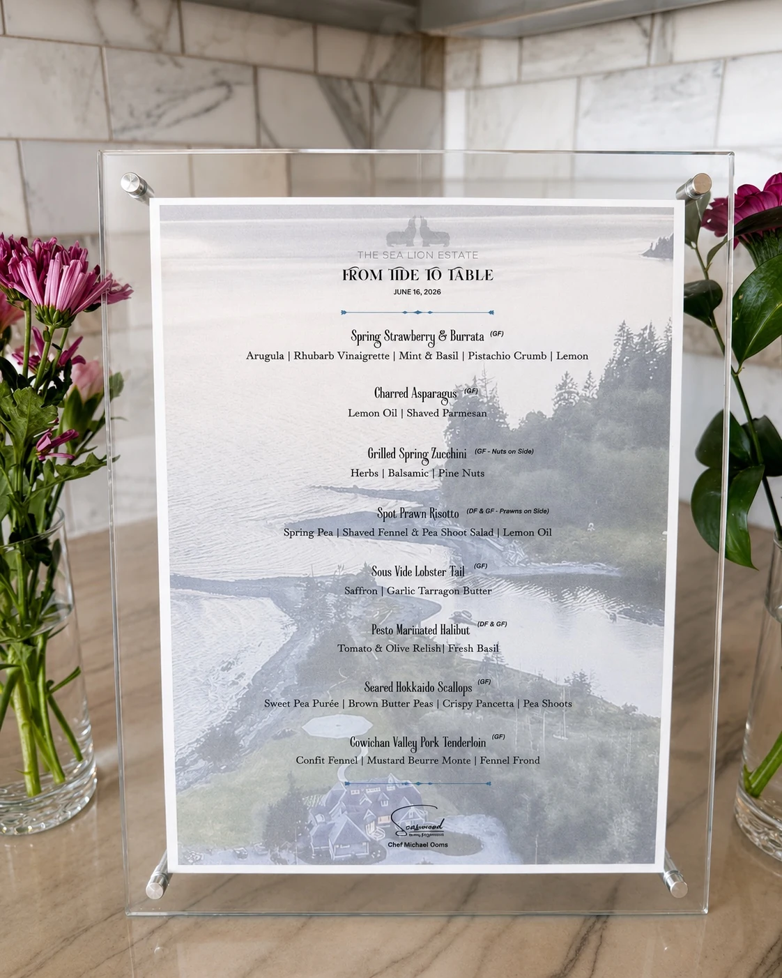The printed From Tide to Table menu at Sea Lion Estate