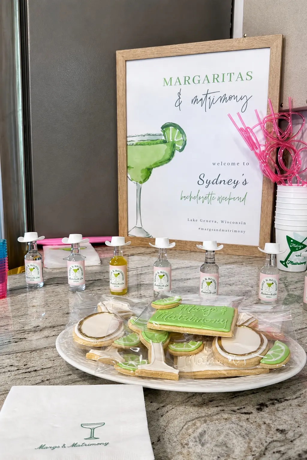 Margaritas and Matrimony welcome sign with custom cookies for a Lake Geneva bachelorette