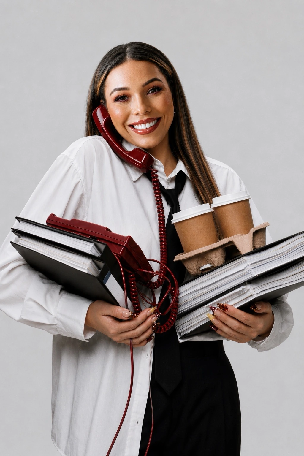 Jenica smiling while holding a burgundy telephone, two coffees, binders, and project files