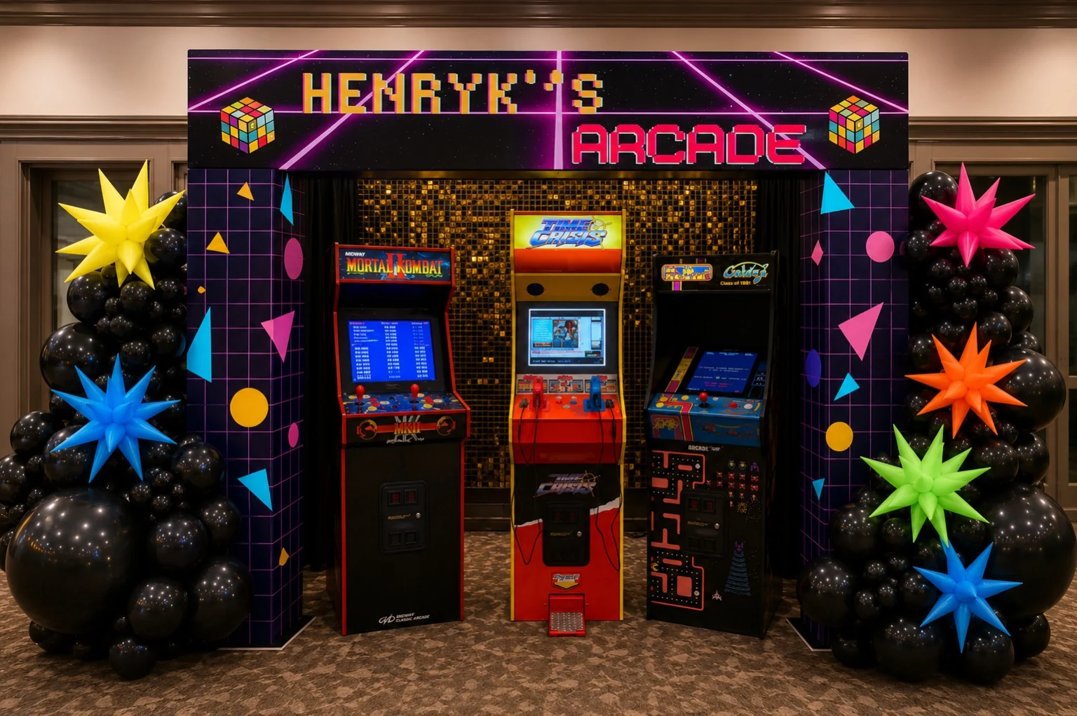 Completed custom arcade installation at Henryk’s 40th surprise party