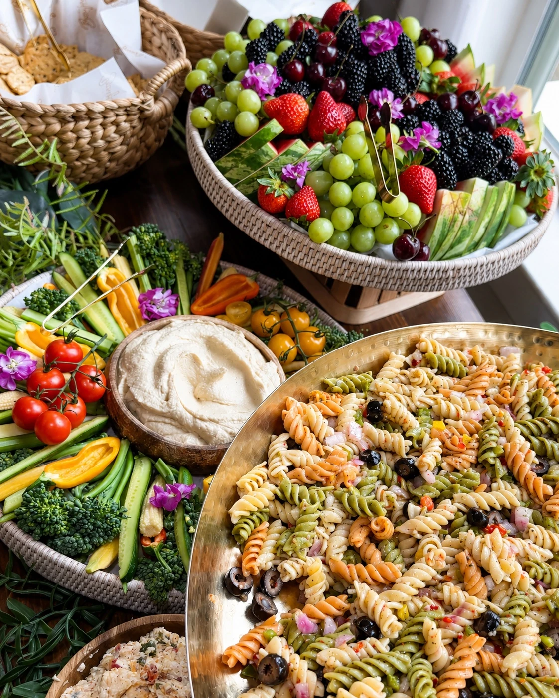 Fresh grazing table with fruit, vegetables, dip, and pasta salad for Saint’s celebration