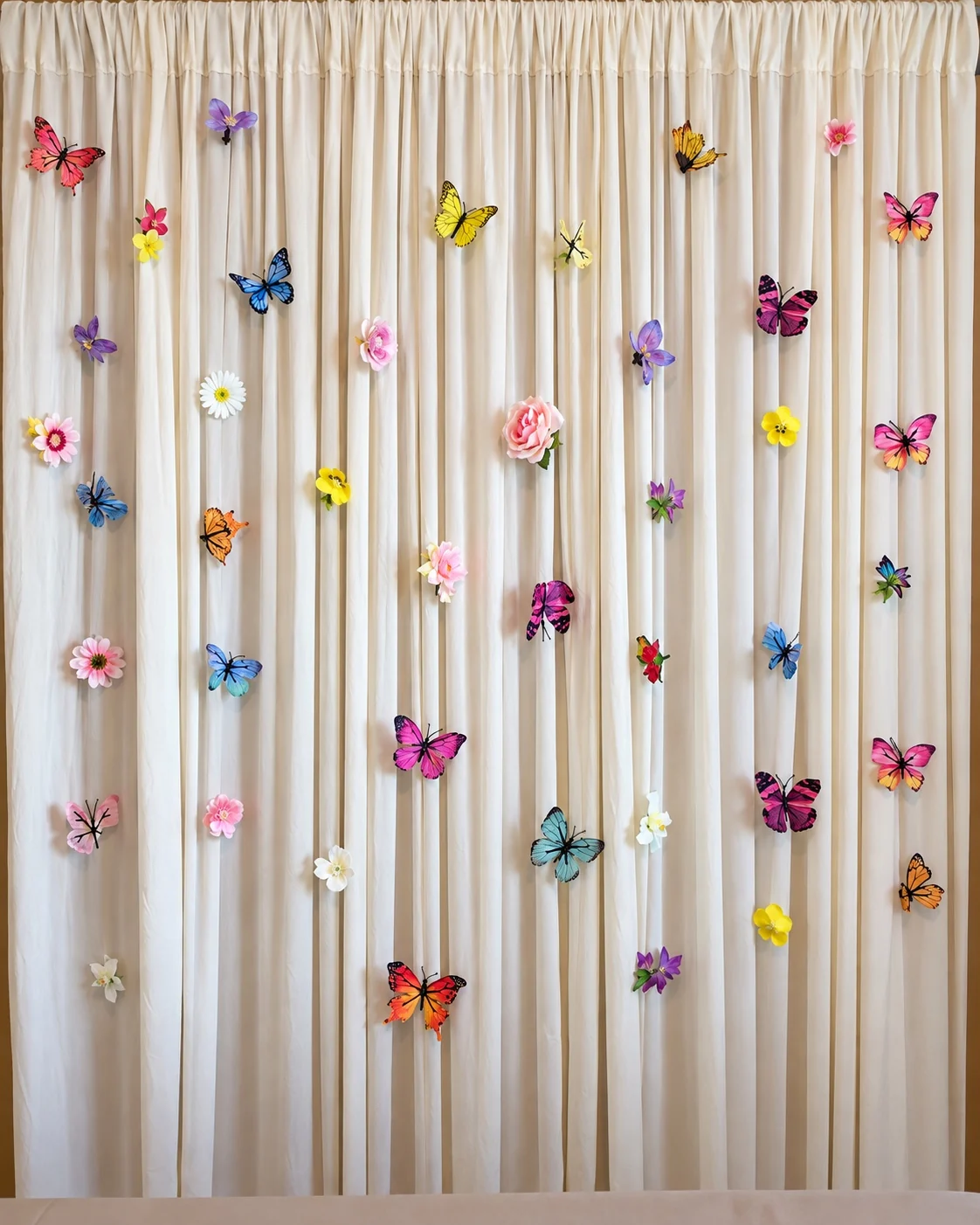 Butterfly and flower installation across a white curtain
