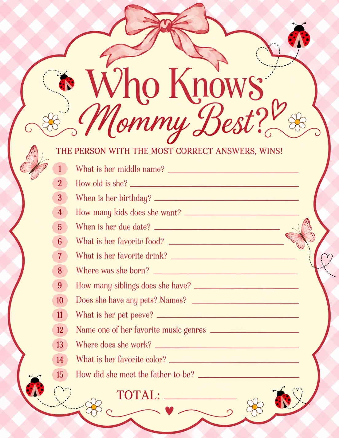 Custom Who Knows Mommy Best baby shower game