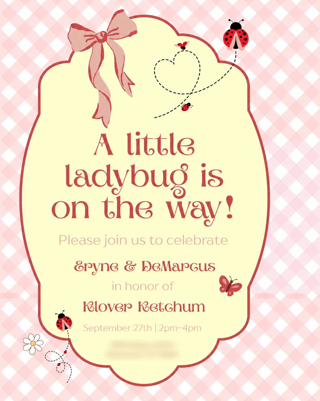 Public version of the custom ladybug baby shower invitation with private address blurred