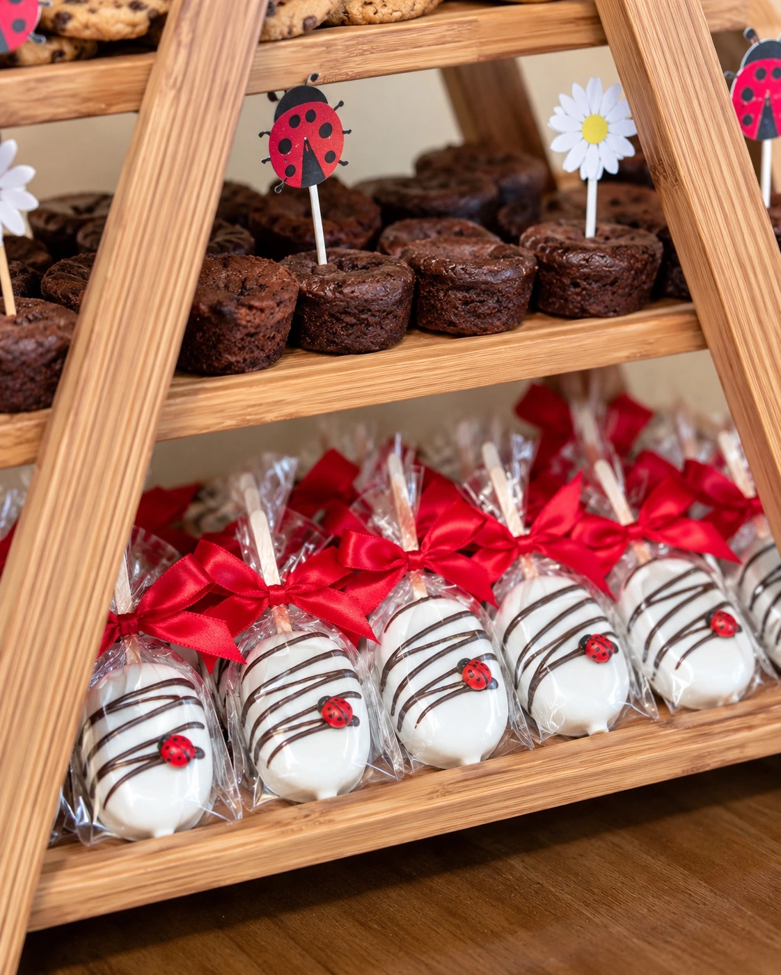 Close-up of ladybug strawberry treats, brownies, daisies and red bows