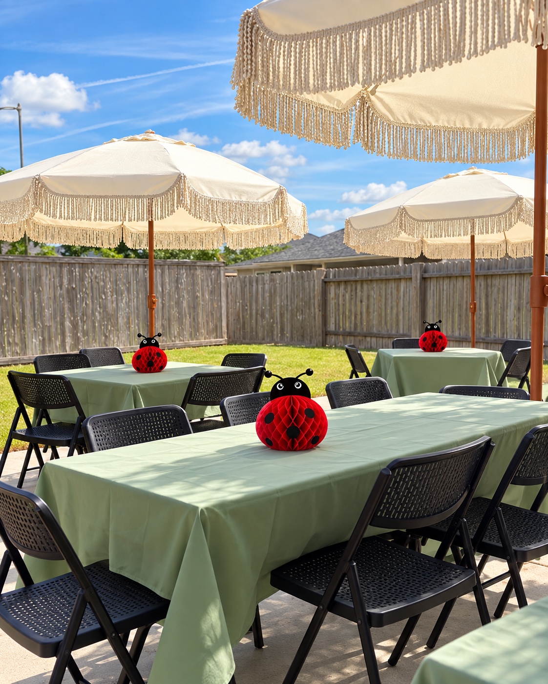 Outdoor guest tables with green linens, black chairs and fringe umbrellas