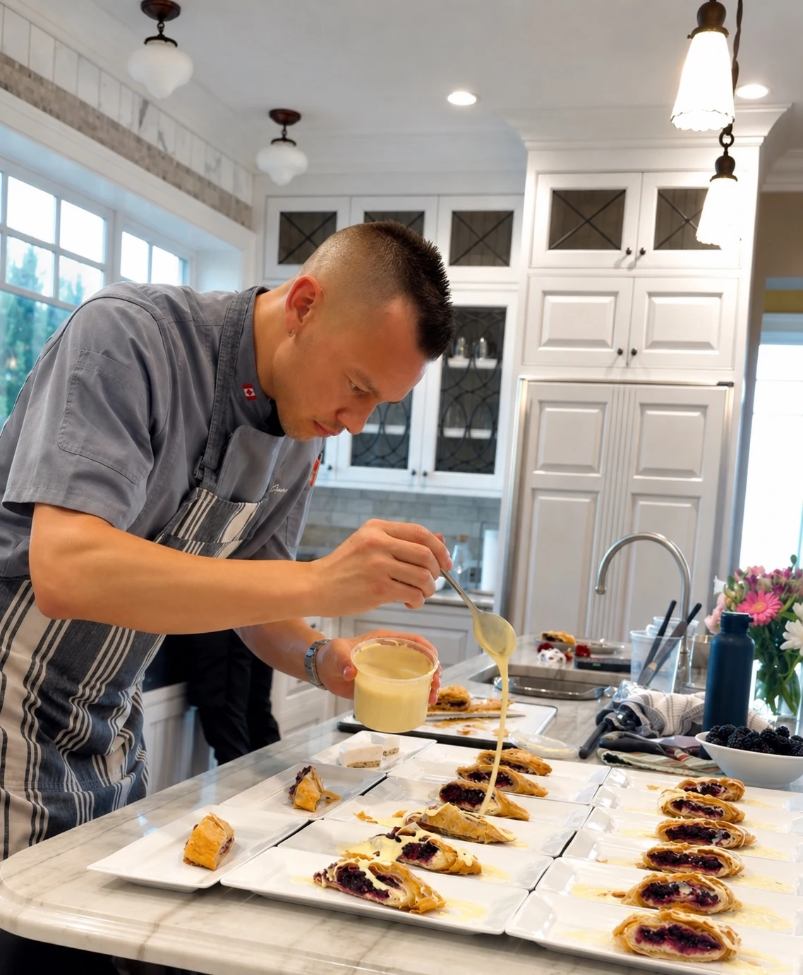A private chef finishing individual berry pastries during a Canada family trip