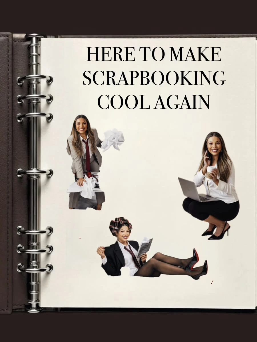 Open scrapbook page featuring JOAT imagery and the phrase Here to Make Scrapbooking Cool Again