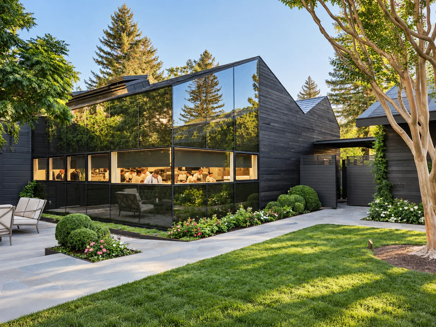 The French Laundry modern black-glass kitchen building and courtyard