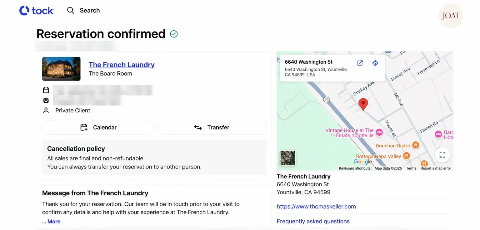 Redacted Tock reservation confirmation for The French Laundry