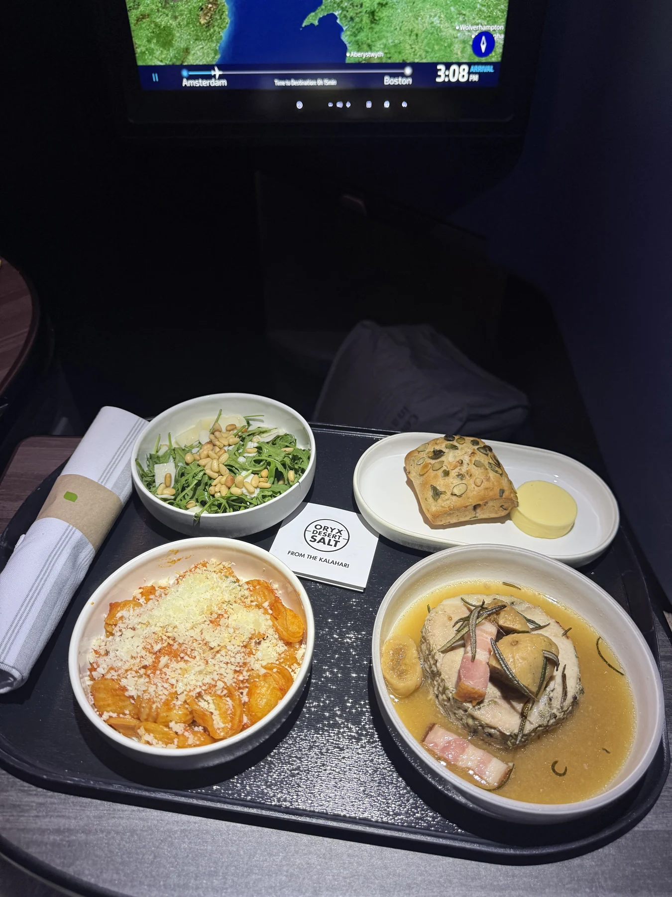 A JetBlue Mint meal course during the flight home