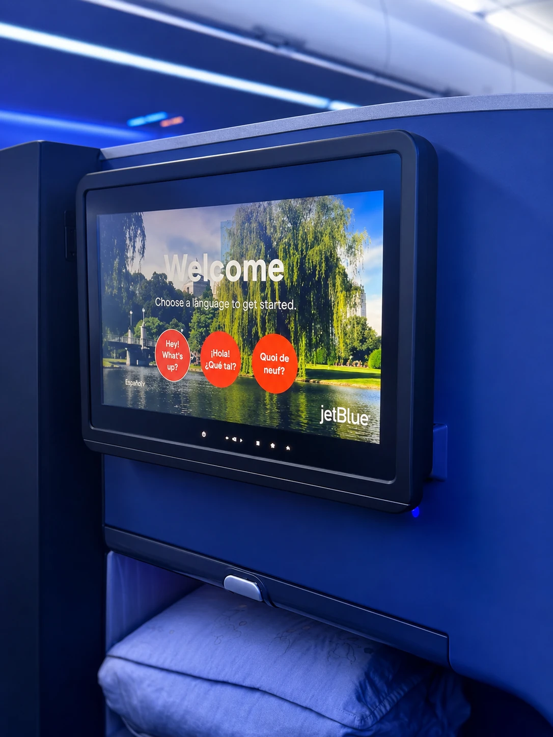 JetBlue Mint seat and entertainment screen during JOAT travel to Europe