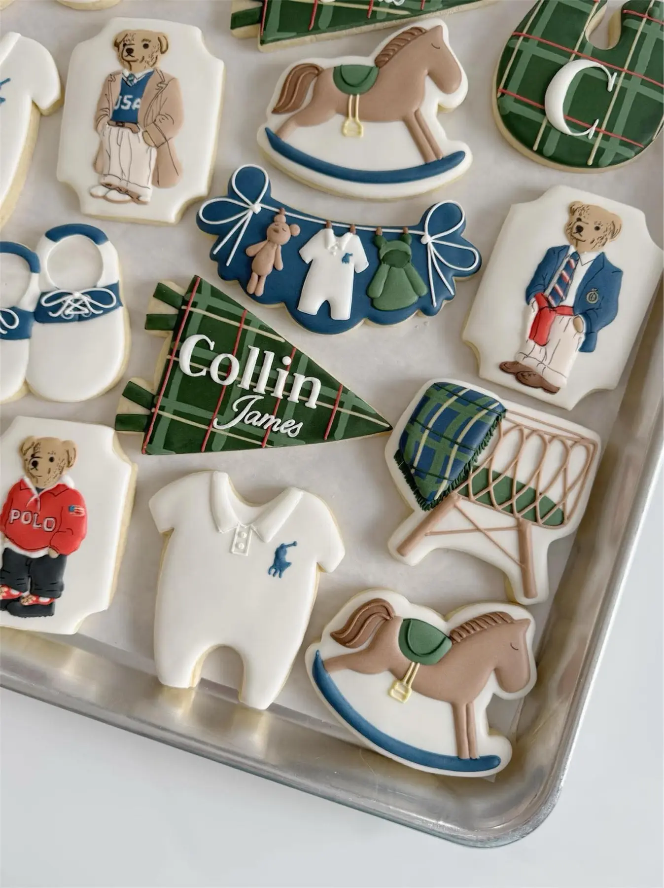 Full collection of custom Collin James teddy-bear, rocking-horse, plaid, and baby-detail cookies