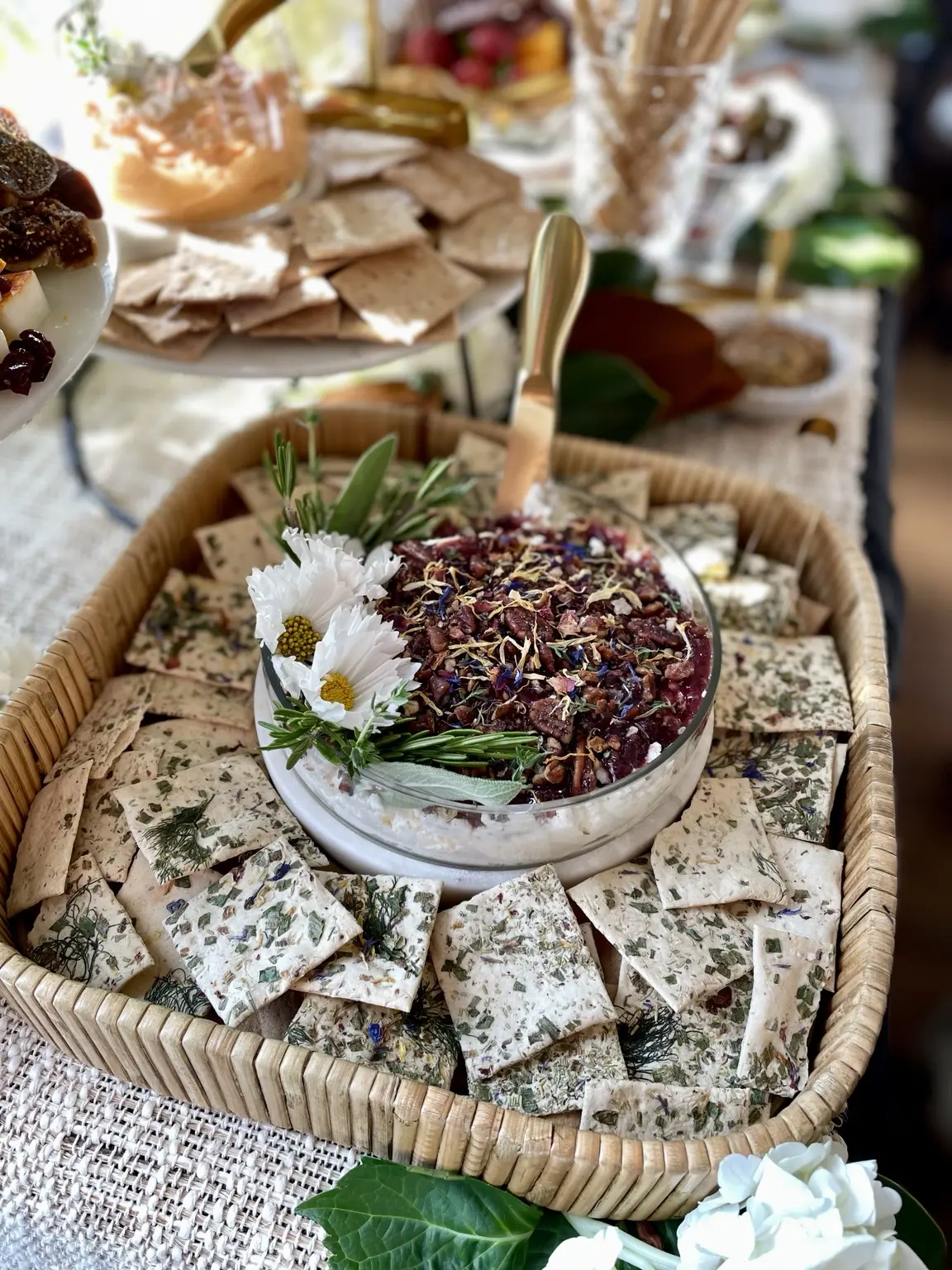 Styled dip and cracker station on the grazing table