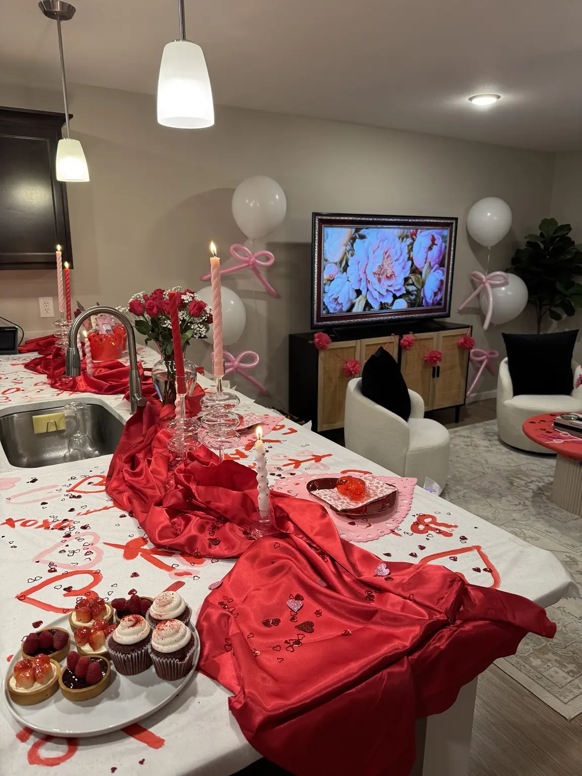 Red and pink Galentine’s party styled inside a client’s home