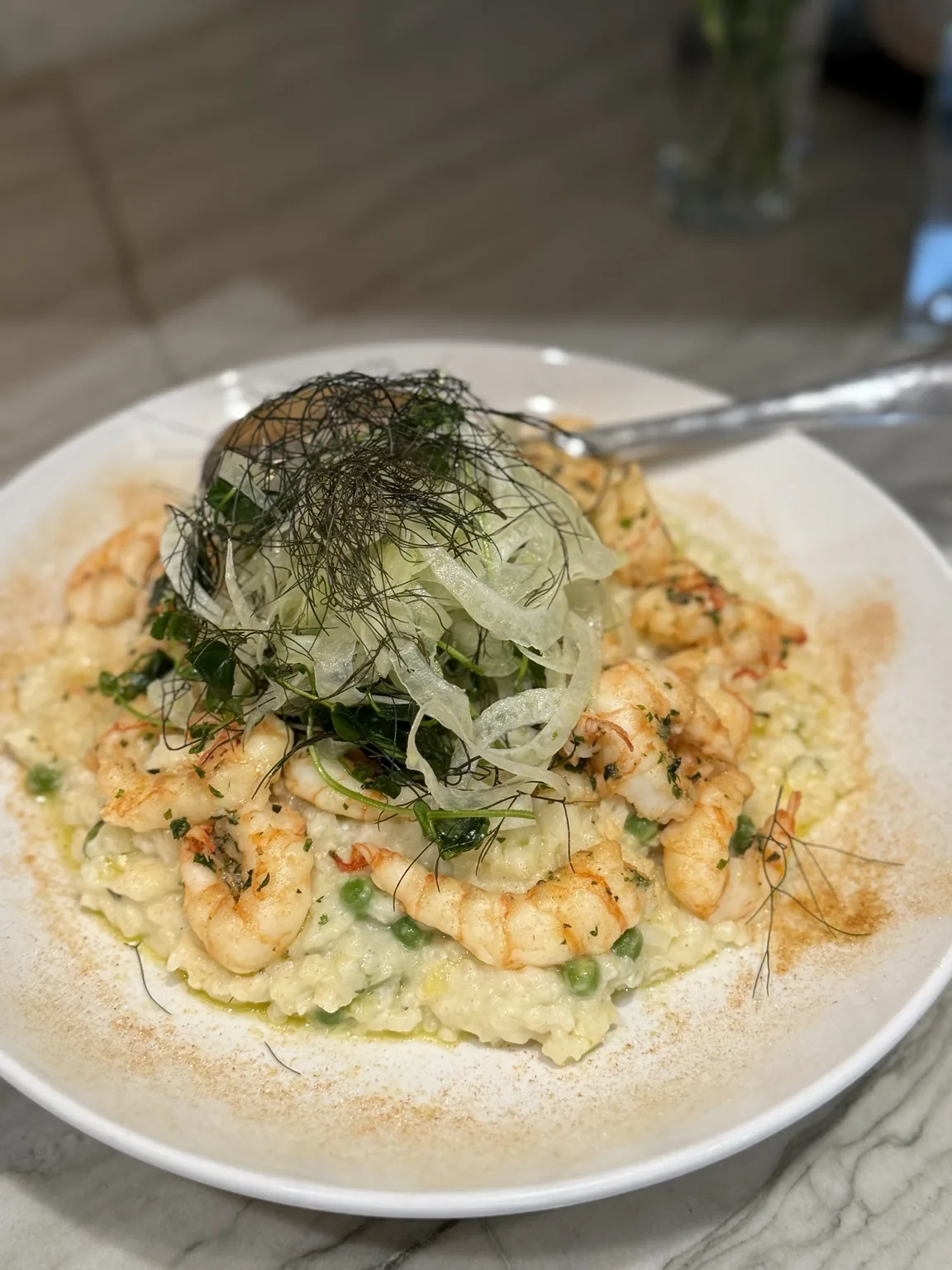 Shrimp risotto topped with shaved fennel